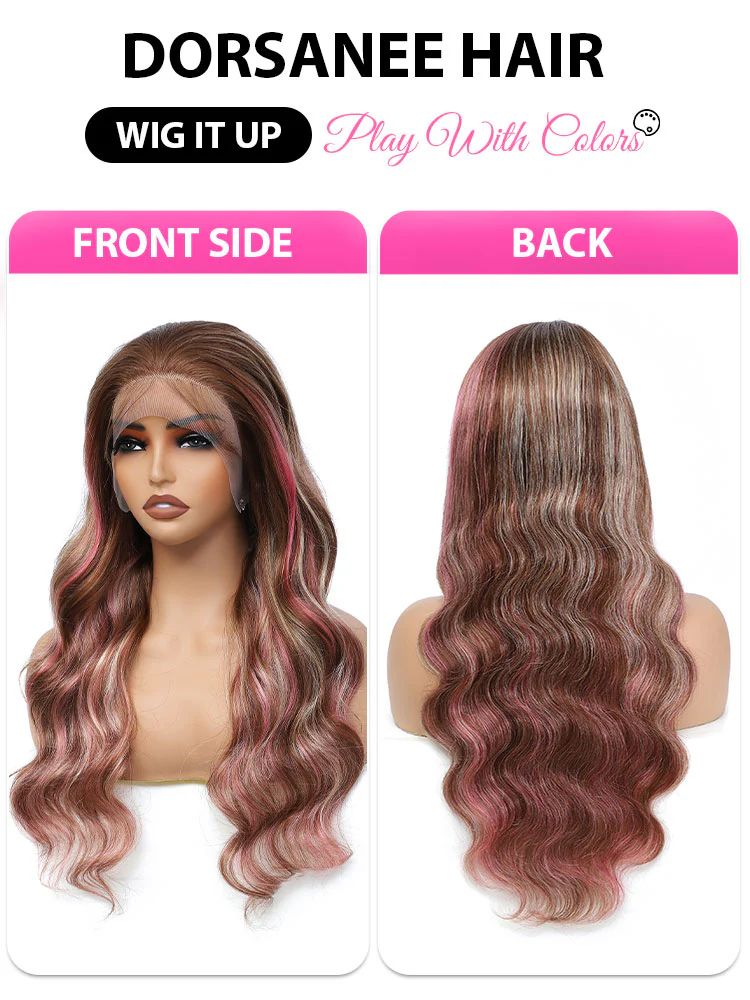 Dorsanee 200 Density Pink Blonde Brown Highlights 13x4 Lace Front Body Wave Hair Wig - Image 8