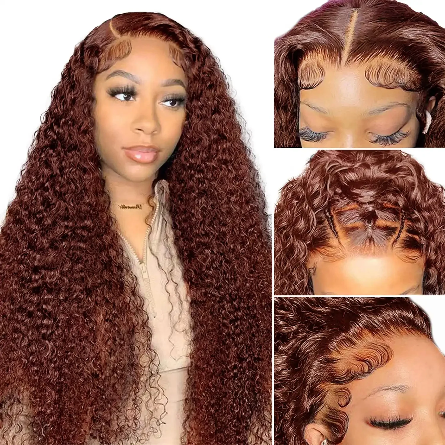 Dorsanee Reddish Brown Auburn Color Jerry Curly Hair 13x4 HD Lace Front Human Hair Wig - Image 3