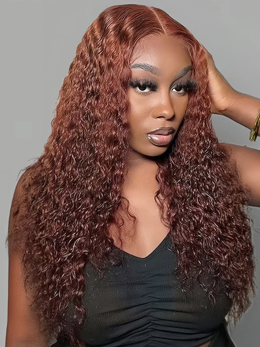 Dorsanee Reddish Brown 250 Density Jerry Curly Hair 5x5/13x4 Lace Front Human Hair Wig - Image 3