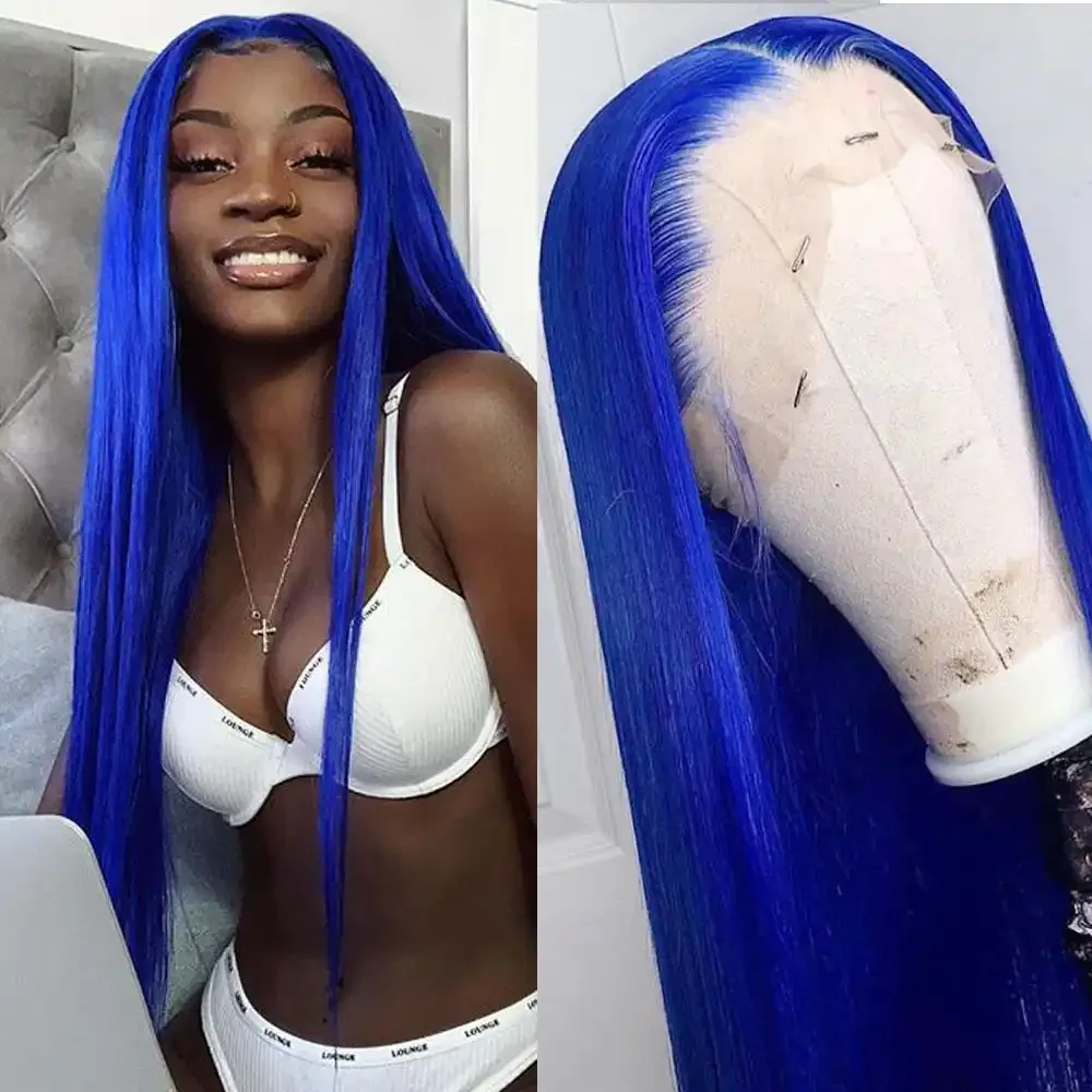 Dorsanee Royal Blue 200 Density 13x4 HD Transparent Lace Front Straight Human Hair Wigs - Image 4
