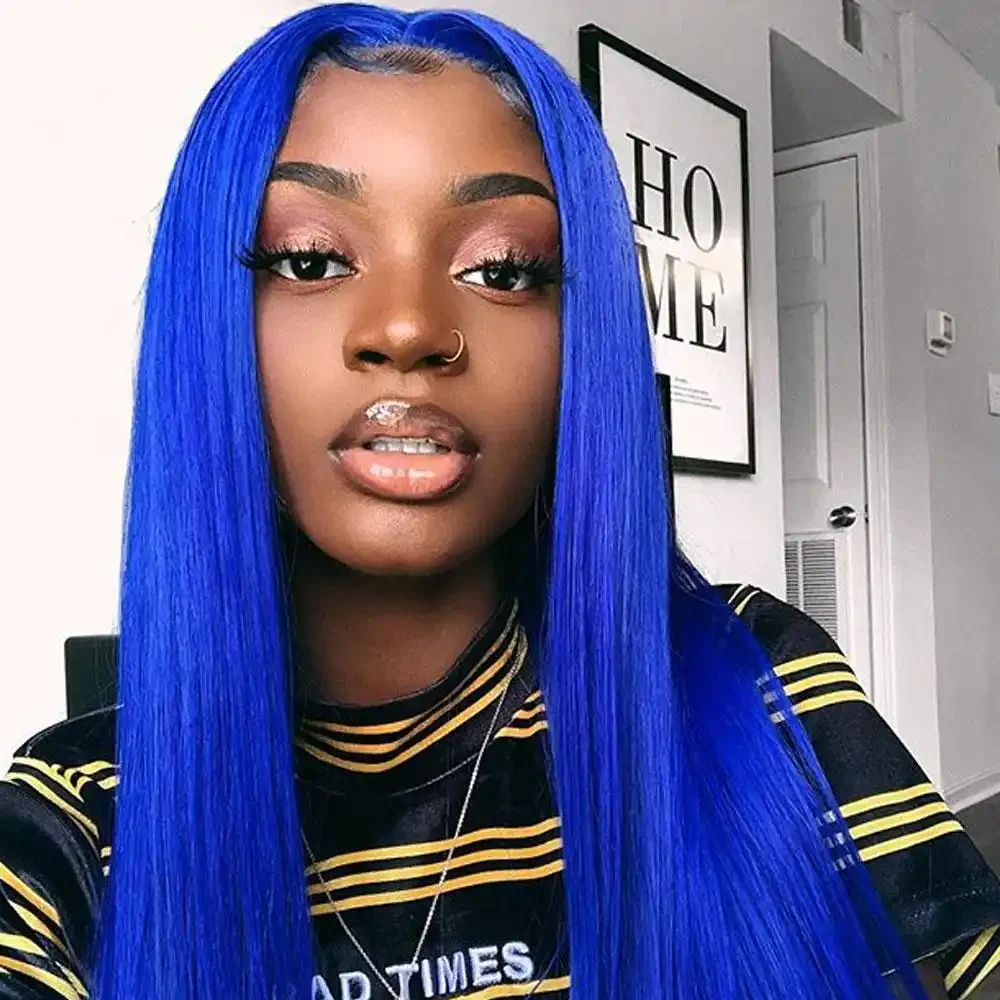 Dorsanee Royal Blue 200 Density 13x4 HD Transparent Lace Front Straight Human Hair Wigs - Image 6