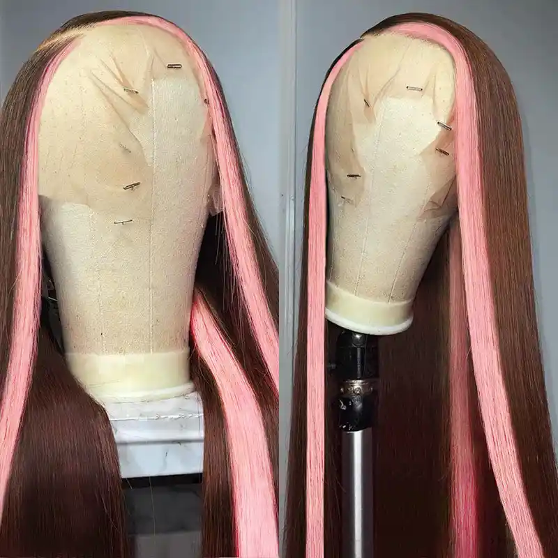 Dorsanee Brown Wig with Pink Skunk Stripe 13x4 Lace Front Straight Human Hair Wig - Image 6