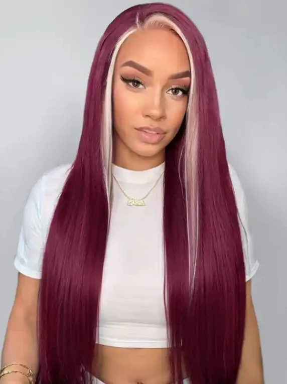 Dorsanee Burgundy 99J Red Wig with Blonde Skunk Stripe 13x4 Lace Front Straight Human Hair Wigs - Image 3