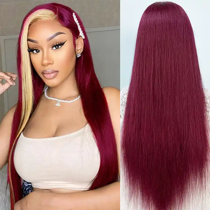 Dorsanee Burgundy 99J Red Wig with Blonde Skunk Stripe 13x4 Lace Front Straight Human Hair Wigs - Image 4