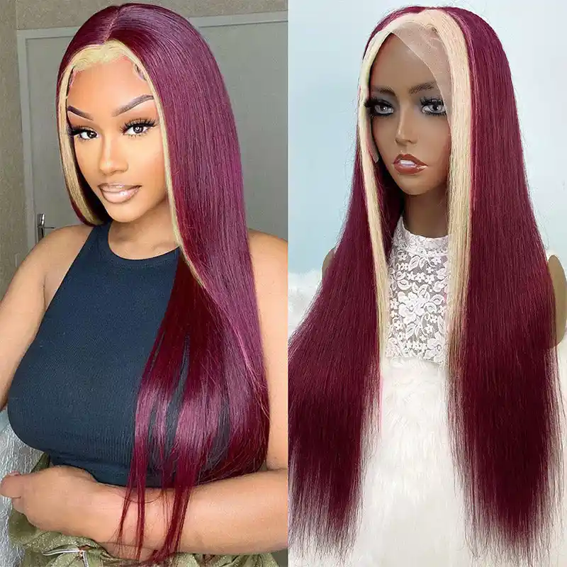 Dorsanee Burgundy 99J Red Wig with Blonde Skunk Stripe 13x4 Lace Front Straight Human Hair Wigs - Image 5
