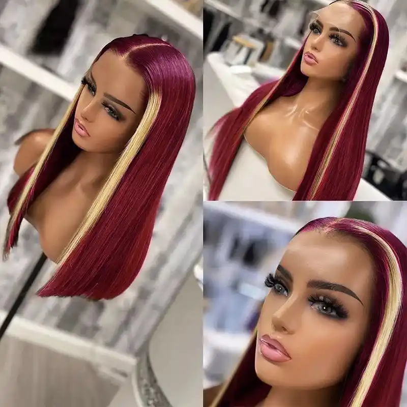 Dorsanee Burgundy 99J Red Wig with Blonde Skunk Stripe 13x4 Lace Front Straight Human Hair Wigs - Image 6