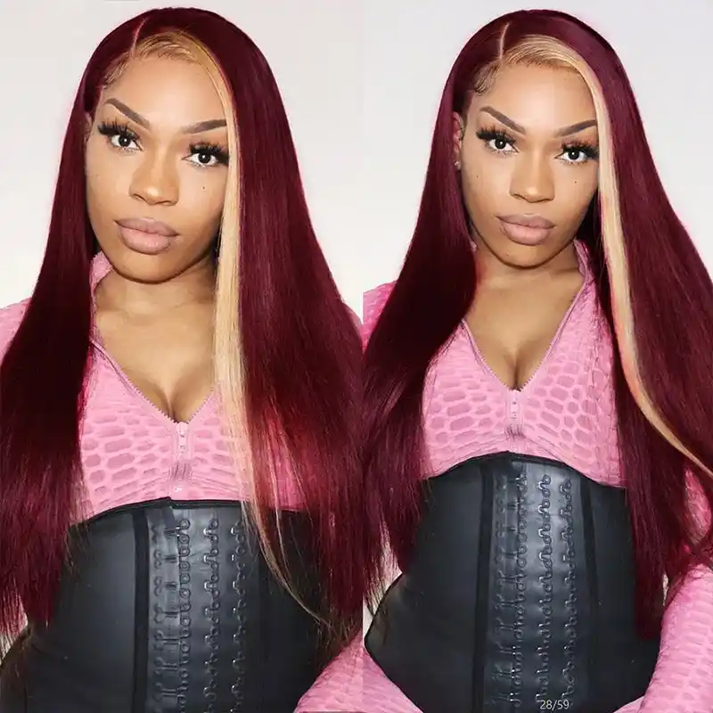 Dorsanee Burgundy 99J Red Wig with Blonde Skunk Stripe 13x4 Lace Front Straight Human Hair Wigs - Image 7