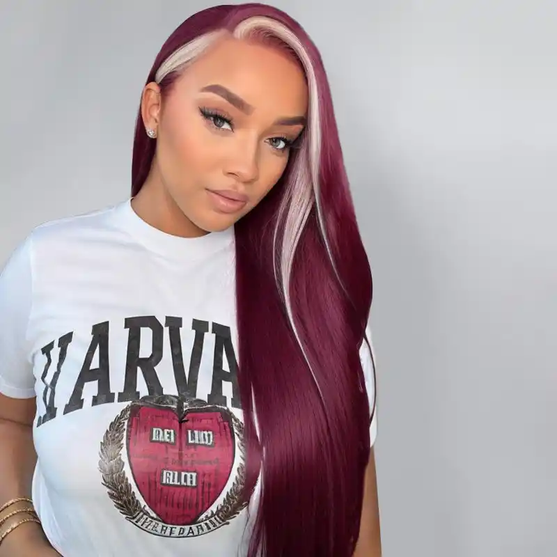 Dorsanee Burgundy 99J Red Wig with Blonde Skunk Stripe 13x4 Lace Front Straight Human Hair Wigs - Image 8