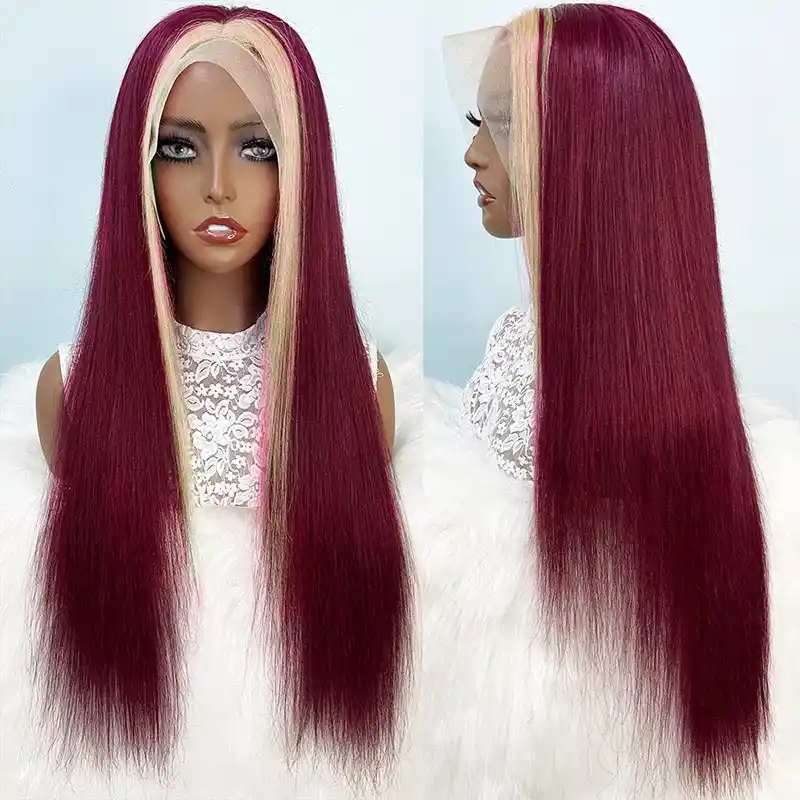Dorsanee Burgundy 99J Red Wig with Blonde Skunk Stripe 13x4 Lace Front Straight Human Hair Wigs - Image 9