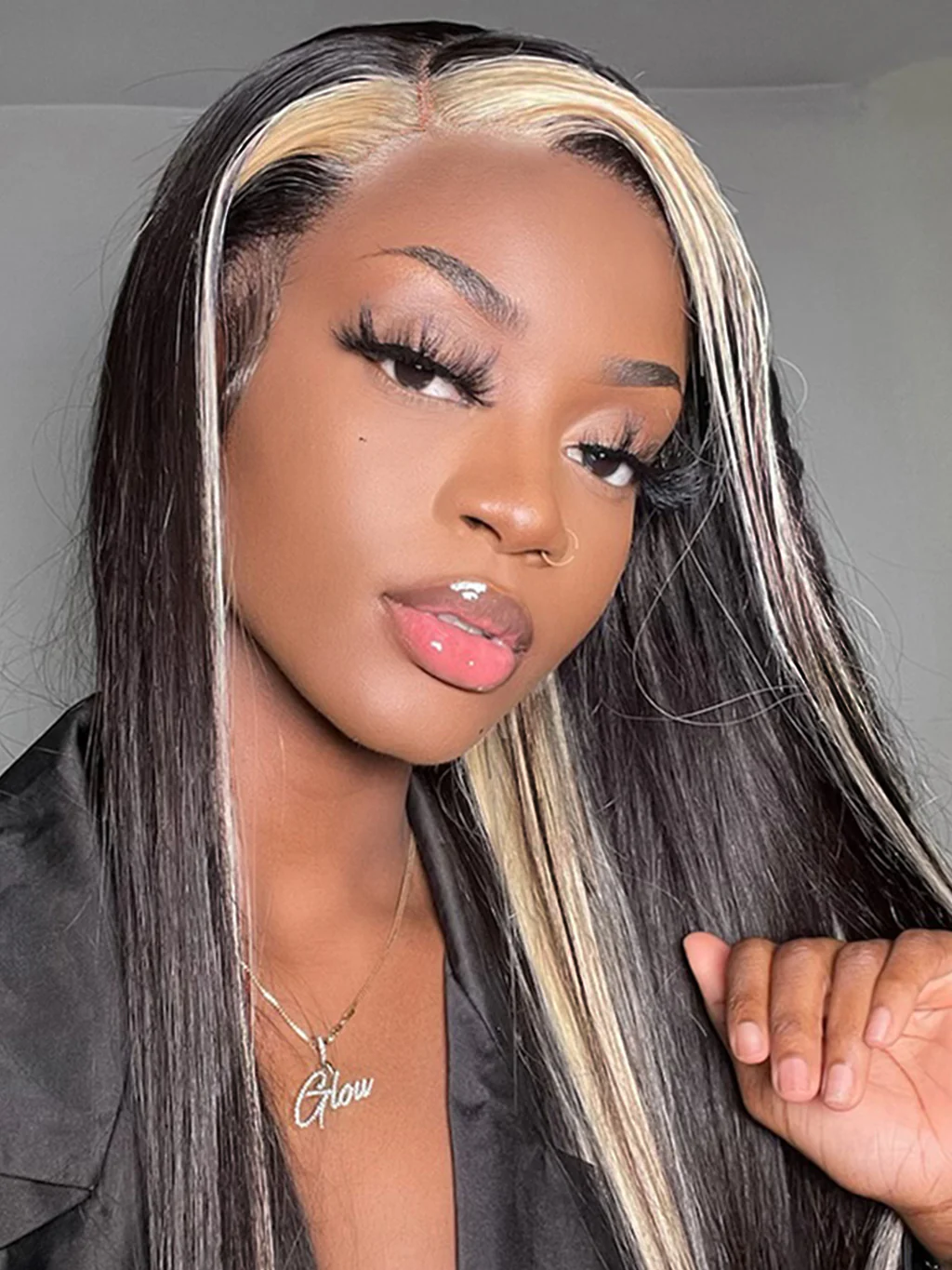 Dorsanee Black Wig with Blonde Skunk Stripe 13x4 Lace Front Straight Human Hair Wigs - Image 3