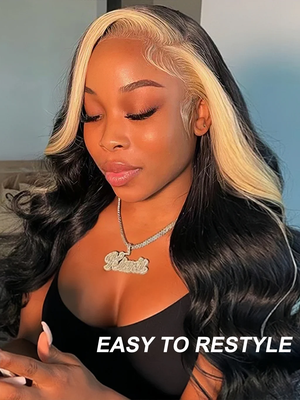 Dorsanee Black Wig with Blonde Skunk Stripe 13x4 Lace Front Straight Human Hair Wigs - Image 4