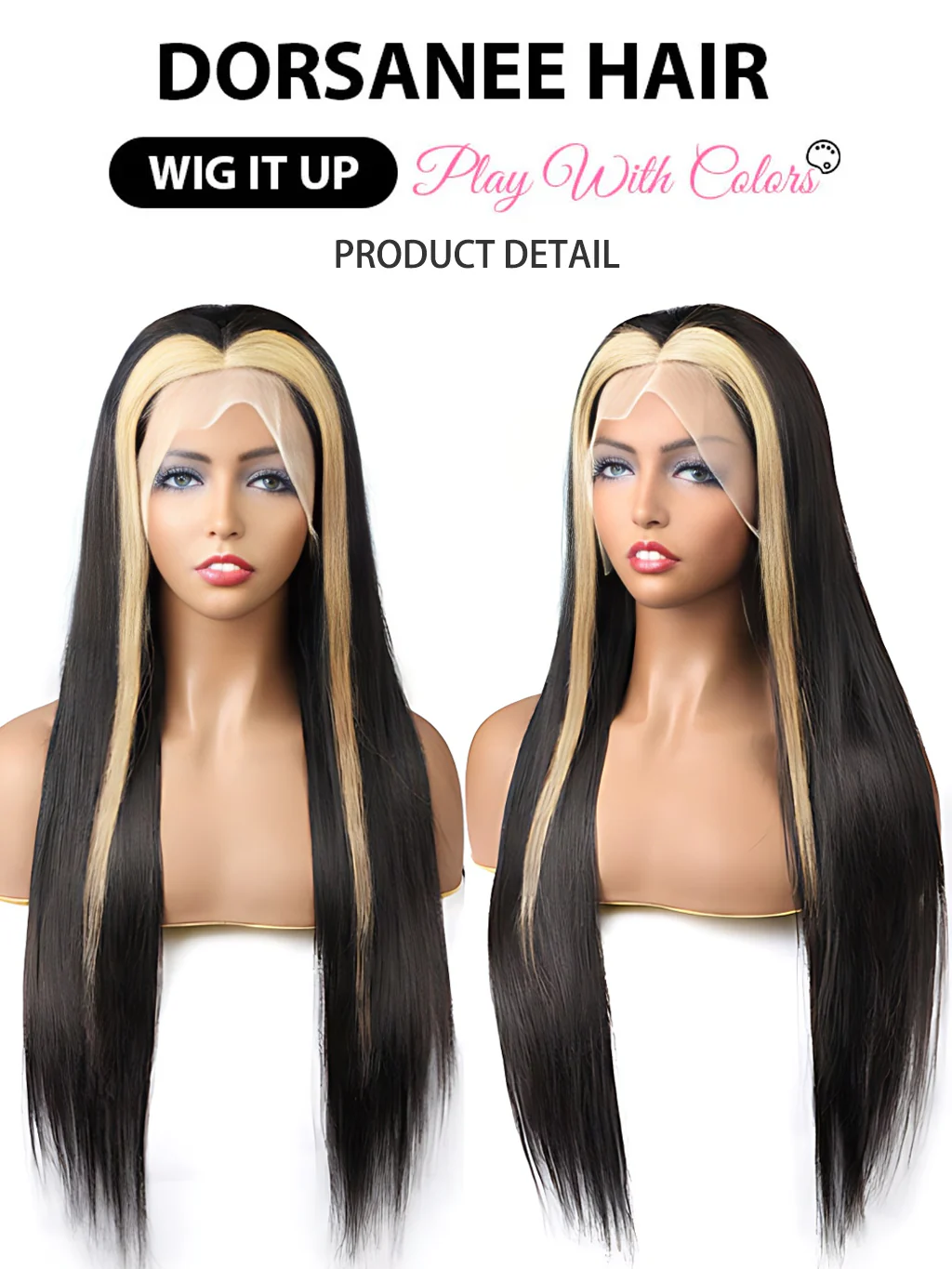 Dorsanee Black Wig with Blonde Skunk Stripe 13x4 Lace Front Straight Human Hair Wigs - Image 5