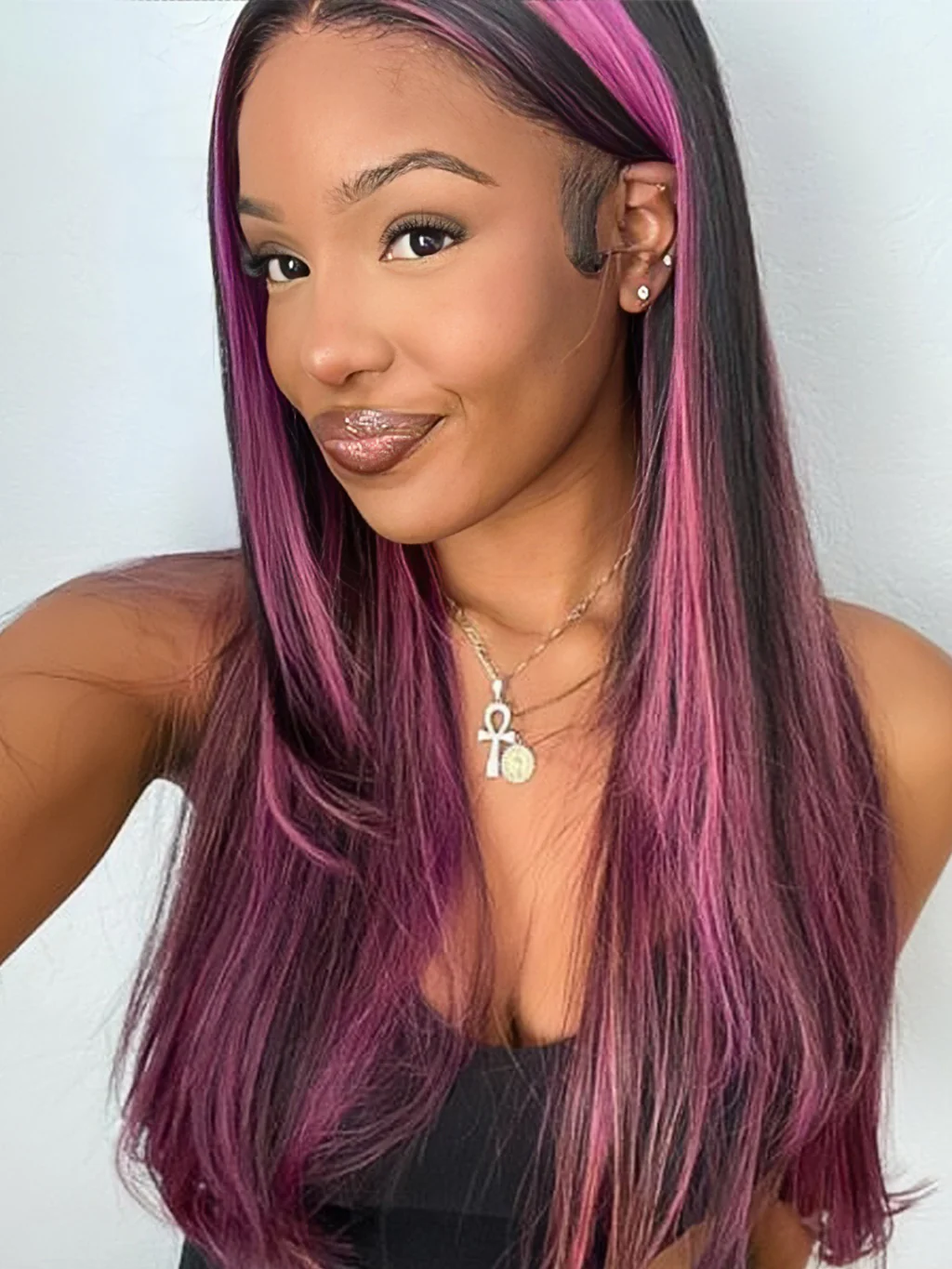Dorsanee Purple Highlights 13x4 Transparent Lace Front Straight Human Hair Wigs - Image 5