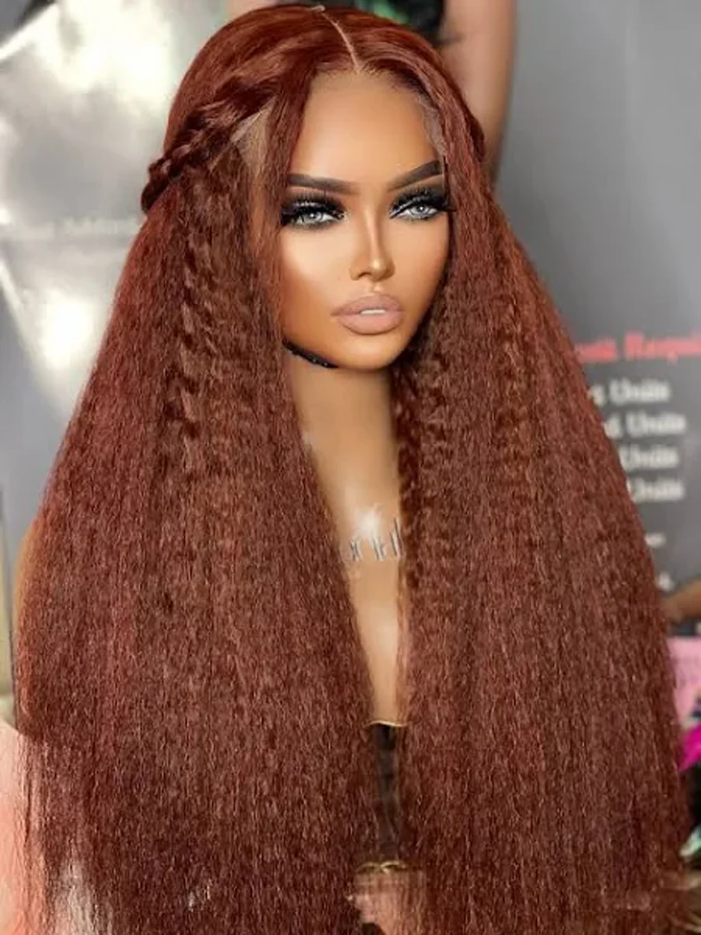 Dorsanee Auburn Reddish Brown 250 Density Yaki Kinky Straight 13x4 Lace Front Human Hair Wig - Image 3