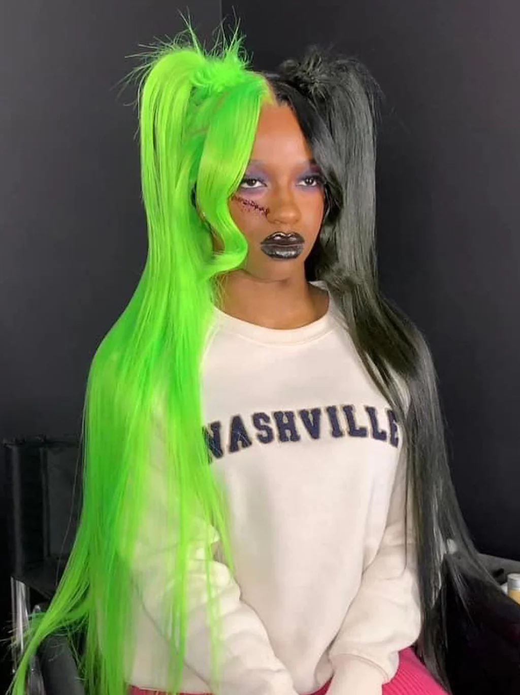 Dorsanee Half Black Half Green Half Ash Blonde Halloween 13x4 Lace Front Straight Human Hair Wigs - Image 4