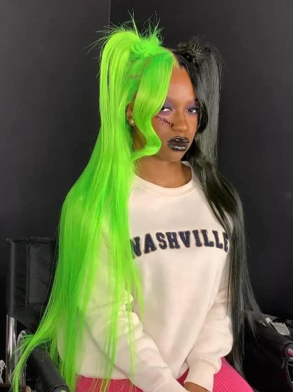 Dorsanee Half Black Half Green Half Ash Blonde Halloween 13x4 Lace Front Straight Human Hair Wigs - Image 5
