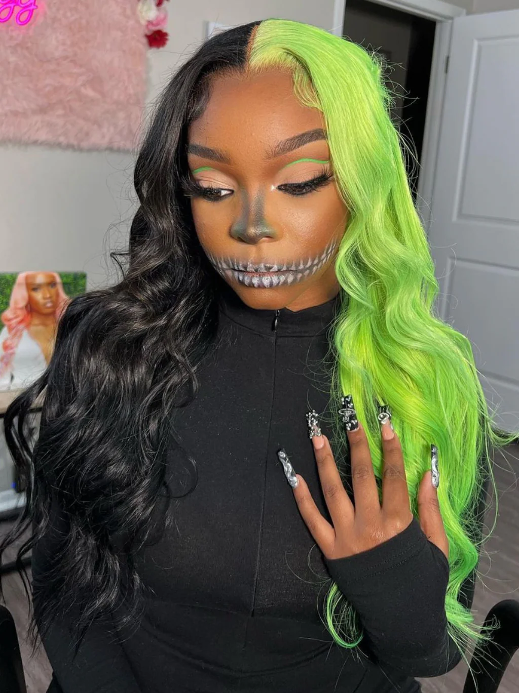 Dorsanee Half Black Half Green Halloween 13x4 Lace Front Straight Body Wave Human Hair Wigs - Image 5
