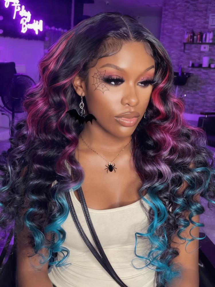 Dorsanee Halloween Cosplay Ombre Black With Red Blue Highlight Body Wave 13x4 Lace Front Hair Wig - Image 2