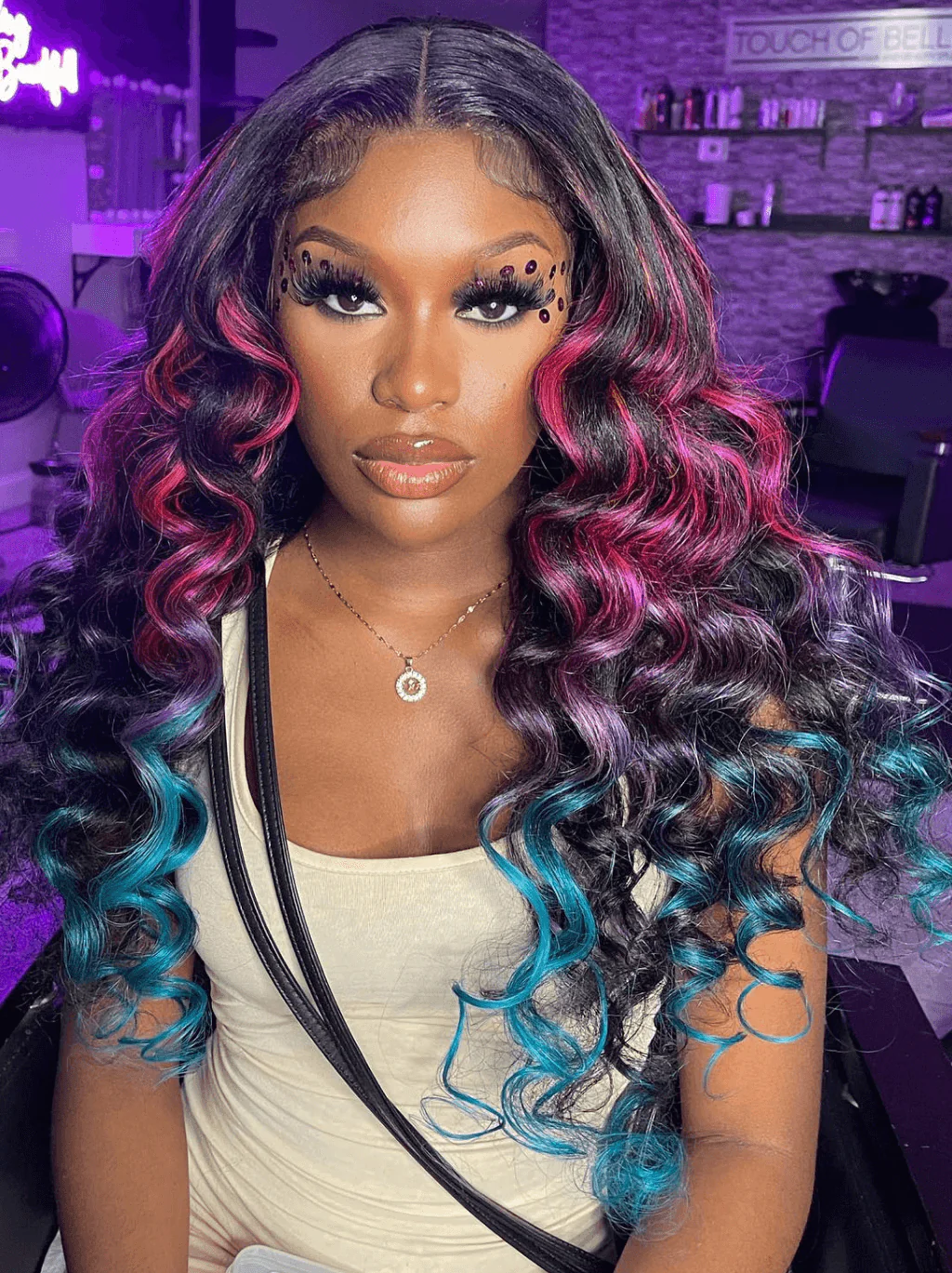 Dorsanee Ombre Black With Red Blue Highlight Body Wave 13x4 Lace Front Hair Wig - Image 2