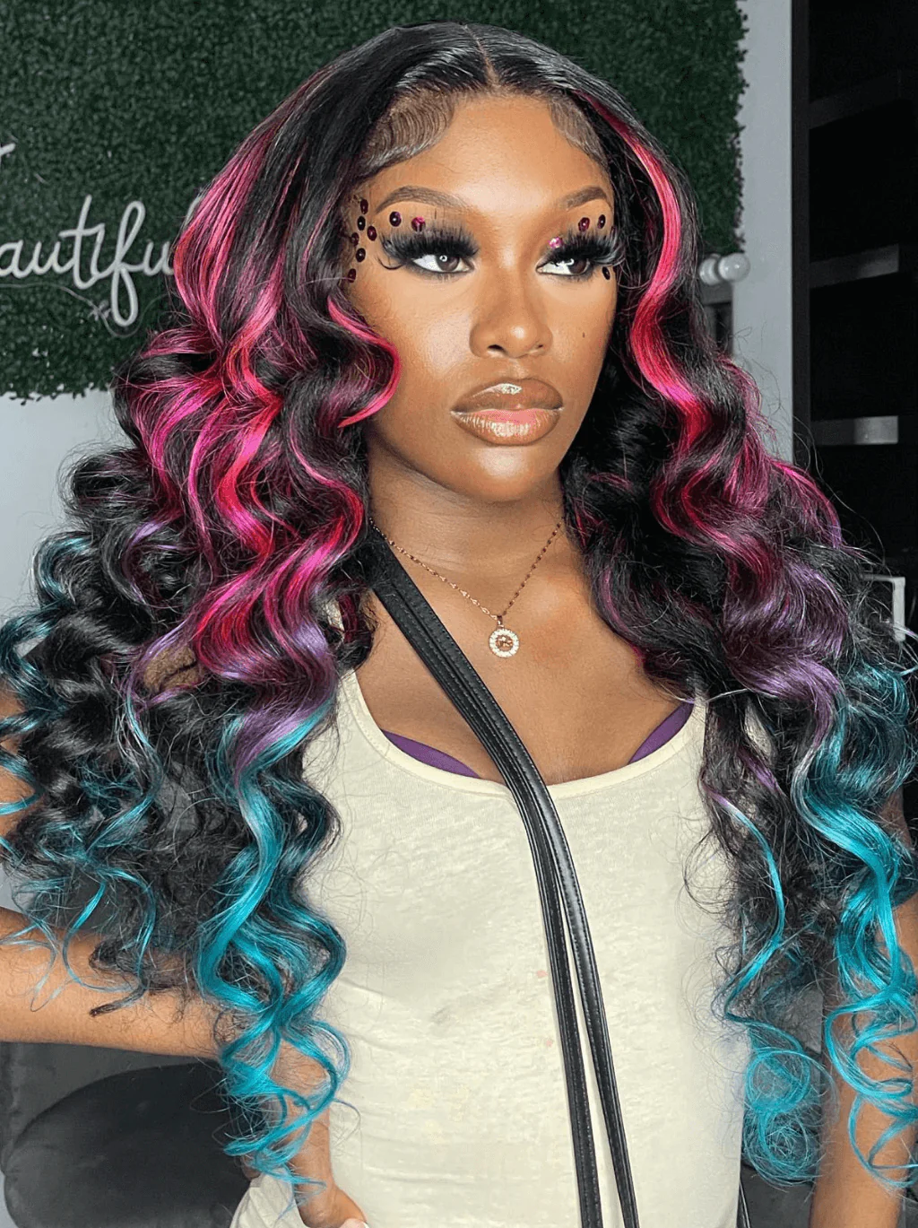 Dorsanee Ombre Black With Red Blue Highlight Body Wave 13x4 Lace Front Hair Wig - Image 4