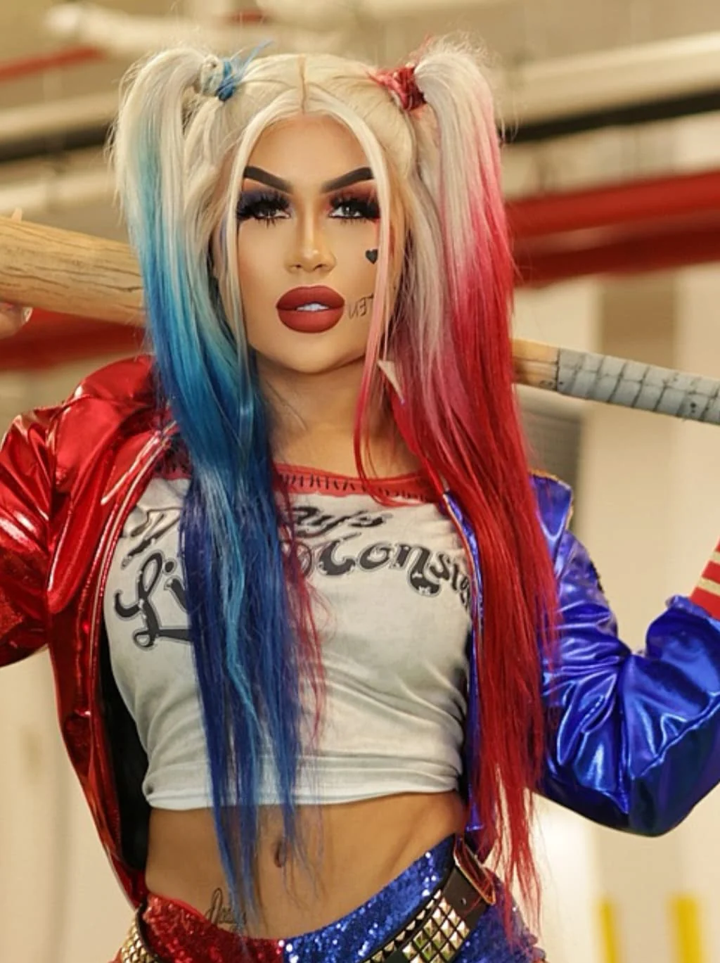 Dorsanee Halloween Cosplay Ombre Blonde Half Blue Half Burgundy Red 13x4 Lace Front Human Hair Wig - Image 4