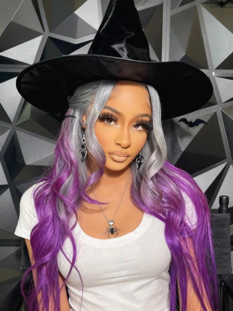 Dorsanee Halloween Cosplay Ombre Gray Purple 13x4 Lace Front Straight Body Wave Human Hair Wigs - Image 2