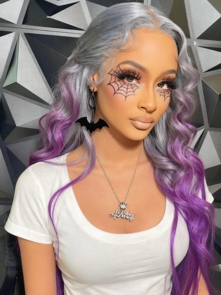 Dorsanee Halloween Cosplay Ombre Gray Purple 13x4 Lace Front Straight Body Wave Human Hair Wigs - Image 3