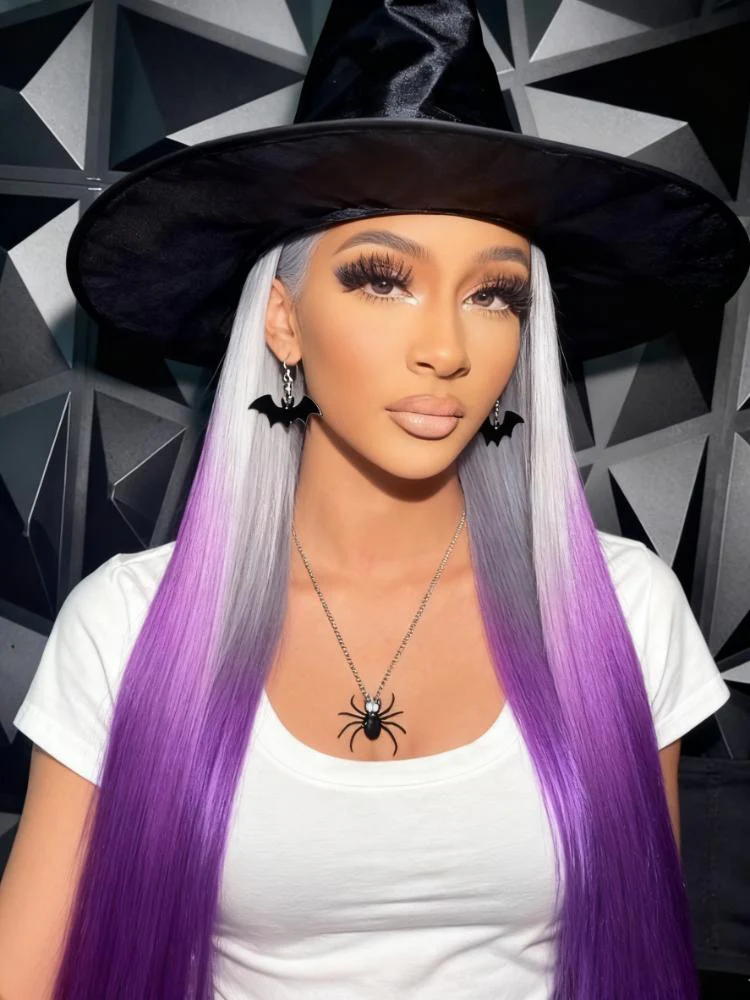 Dorsanee Halloween Cosplay Ombre Gray Purple 13x4 Lace Front Straight Body Wave Human Hair Wigs - Image 4