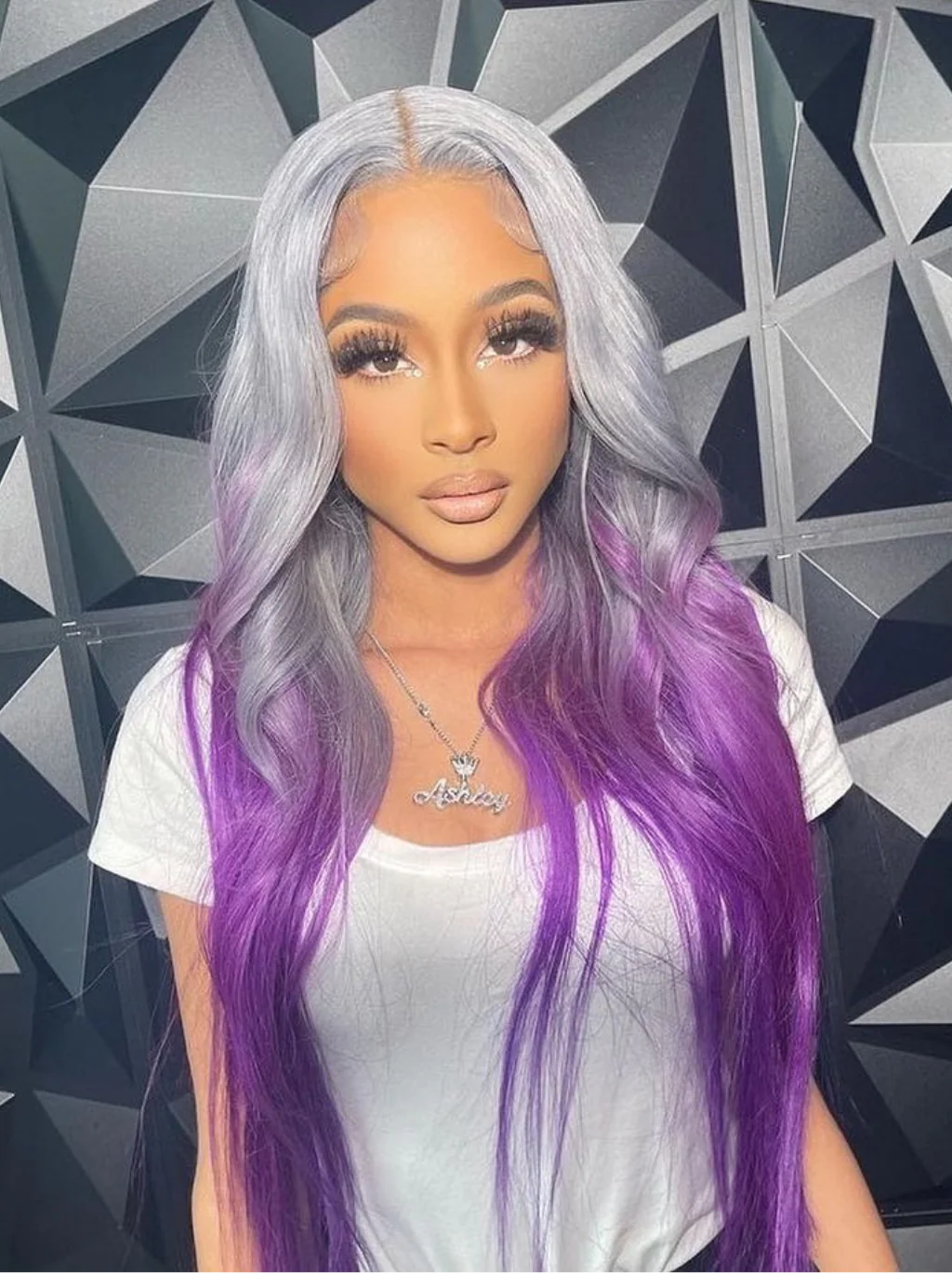 Dorsanee Ombre Gray Purple 13x4 Lace Front Straight Body Wave Human Hair Wigs - Image 3