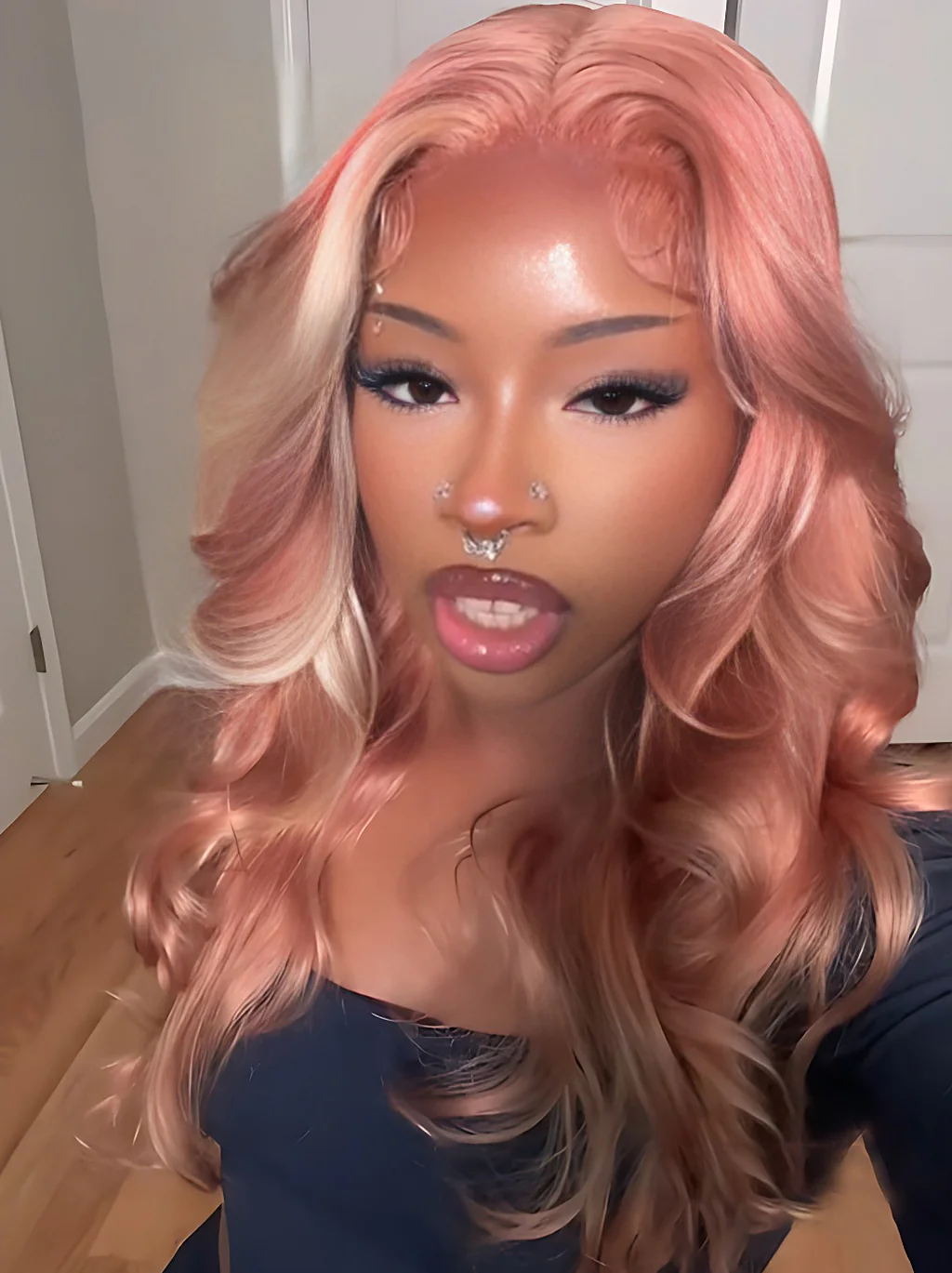 Dorsanee Highlights Blonde & Pink Skunk Stripe Colored Body Wave 13x4 Lace Frontal Wig - Image 4