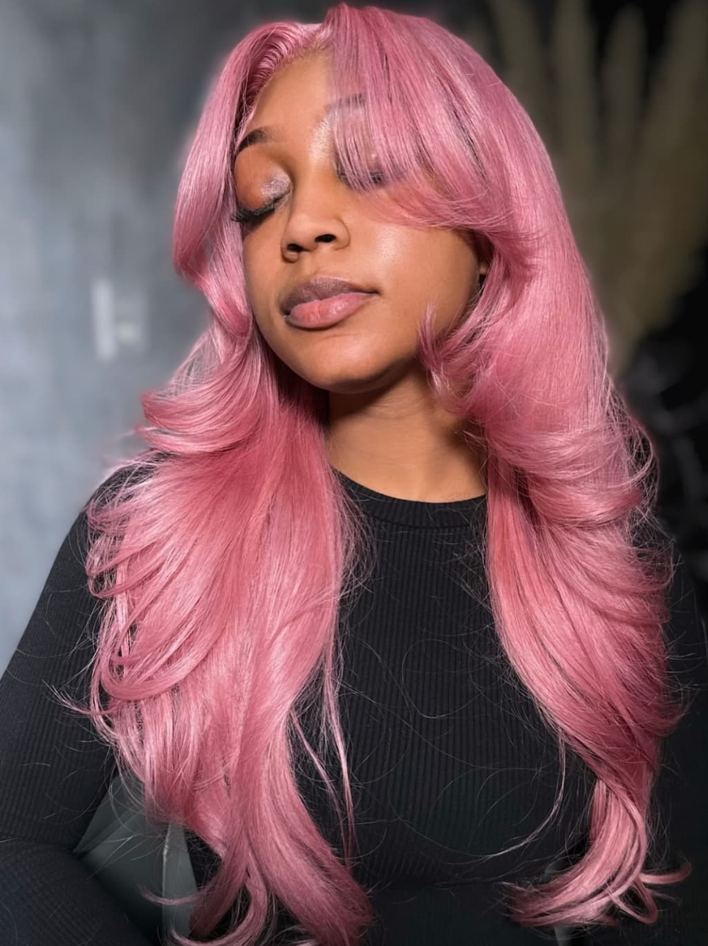 Dorsanee Hot Pink Curtain Bangs 13x4 Transparent Lace Front Human Hair Wig - Image 2