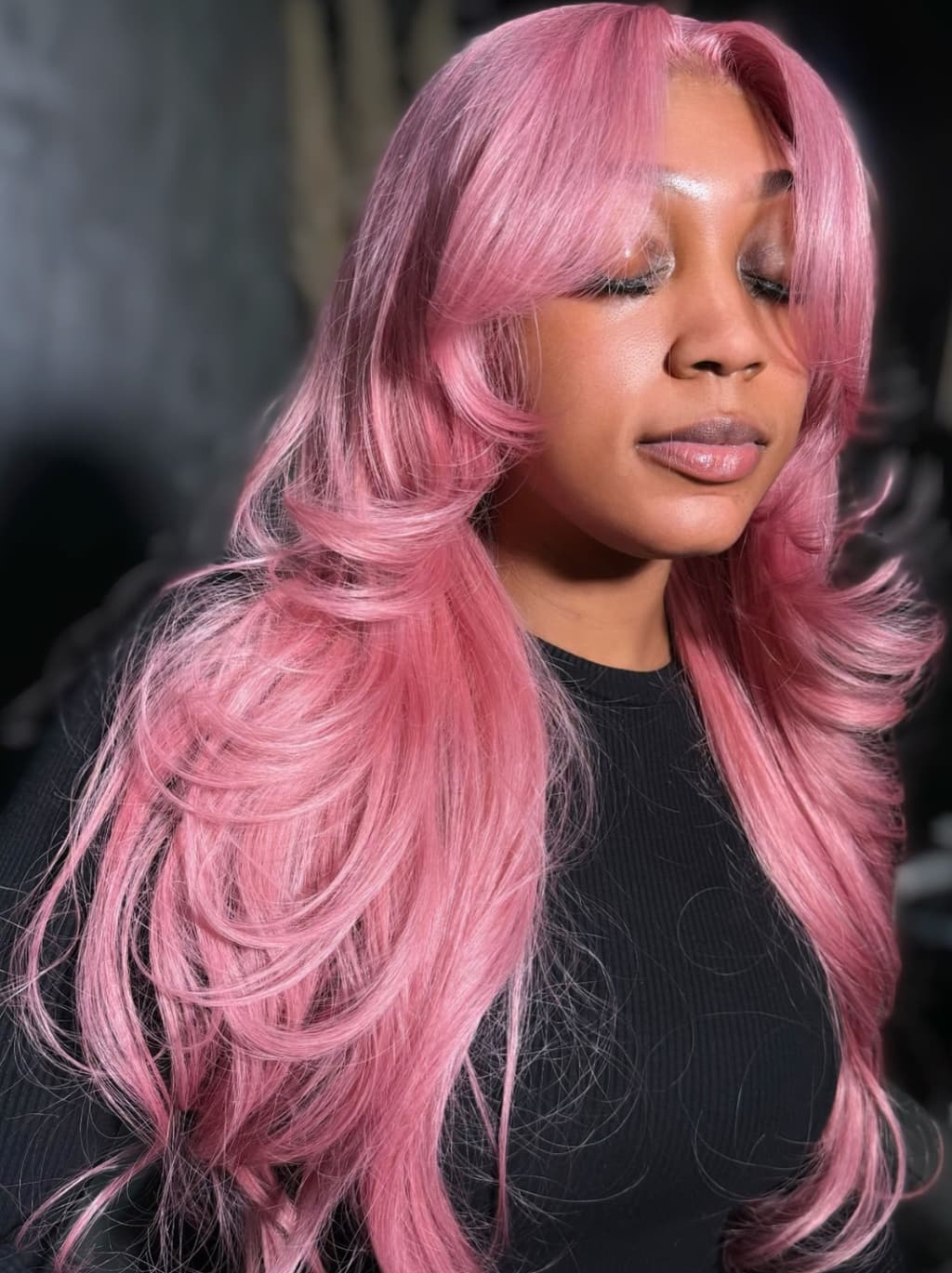 Dorsanee Hot Pink Curtain Bangs 13x4 Transparent Lace Front Human Hair Wig - Image 3