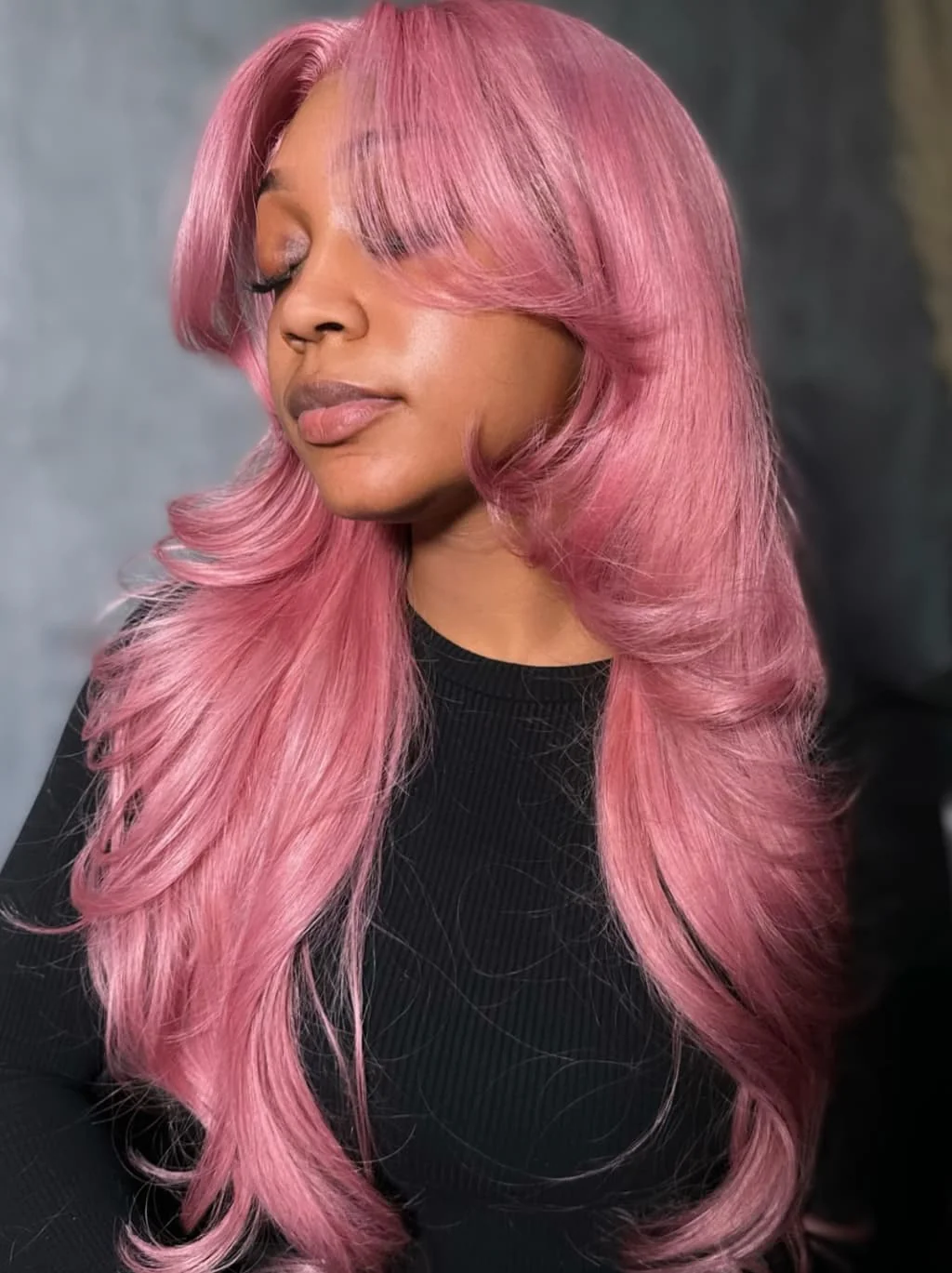 Dorsanee Hot Pink Curtain Bangs 13x4 Transparent Lace Front Human Hair Wig - Image 4