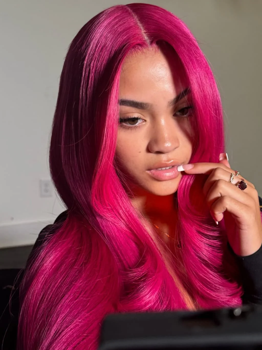 Dorsanee Hot Rose Pink 13x4 Lace Front Virgin Human Hair Wigs Wth Bangs - Image 2