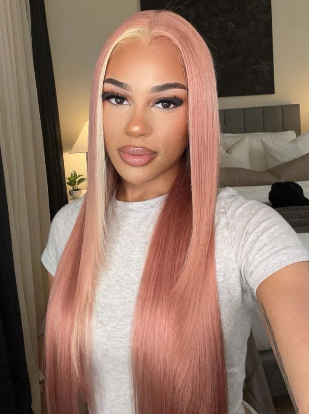 Dorsanee Highlights Blonde & Pink Skunk Stripe Colored Body Wave 13x4 Lace Frontal Wig - Image 2