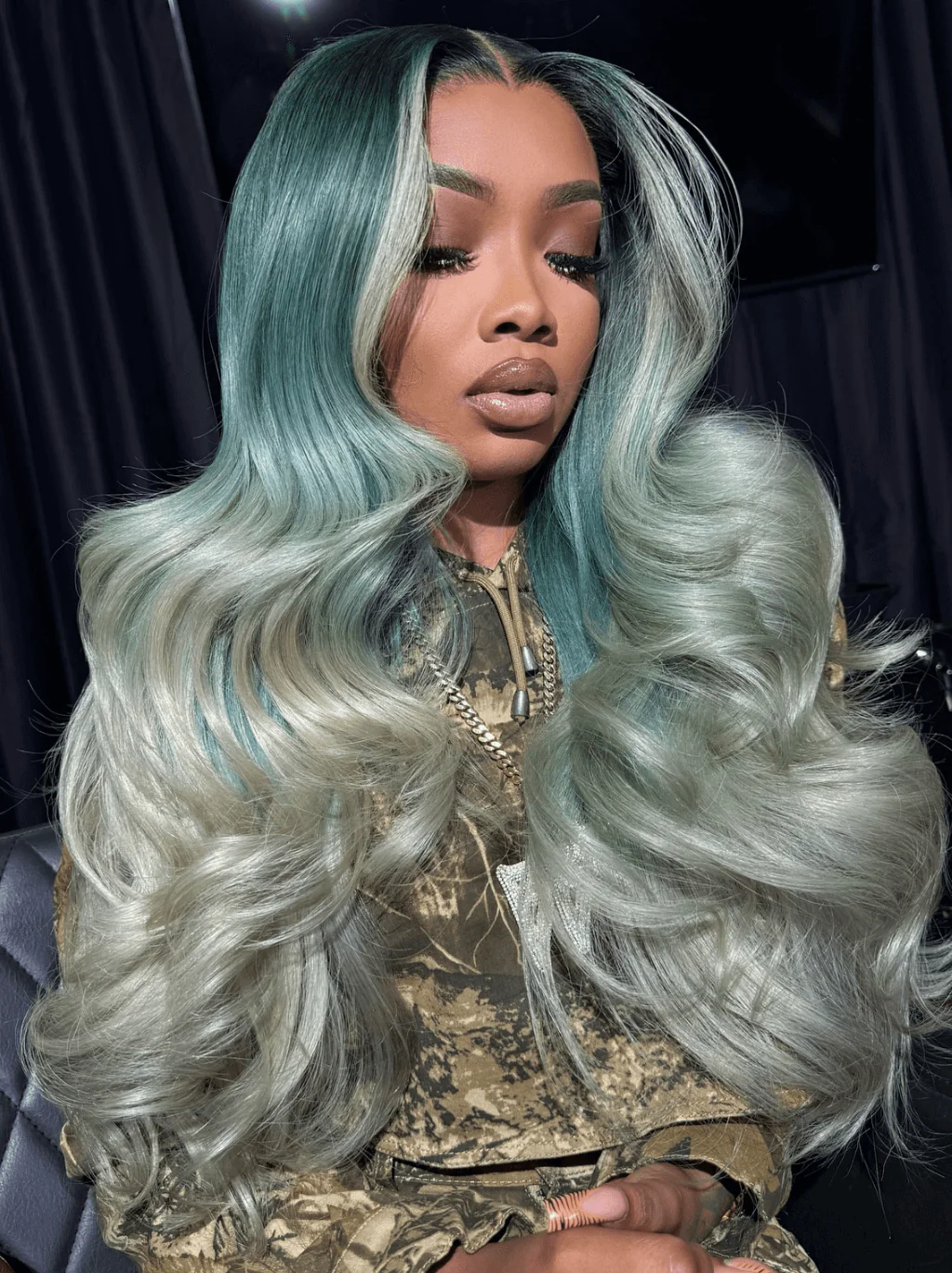 Dorsanee Ombre Ash Blue Gray Skunk Stripe 13x4 Lace Front Straight Body Wave Human Hair Wigs - Image 2