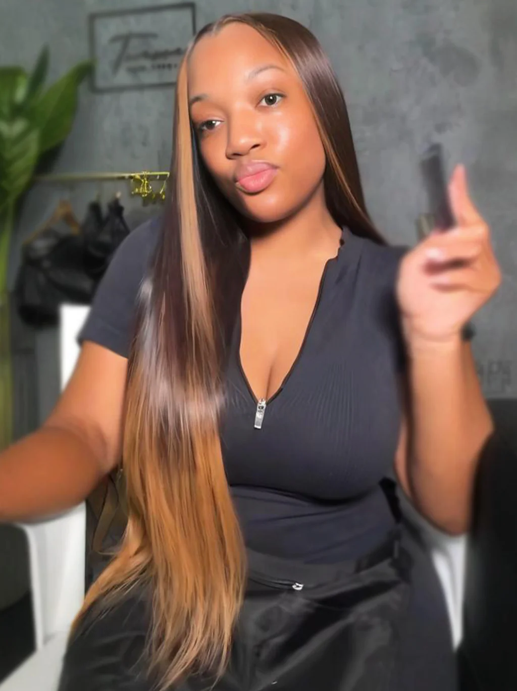Dorsanee Ombre Black Brown Skunk Stripe Bone Straight 13x4 Lace Front Virgin Human Hair Wig - Image 3