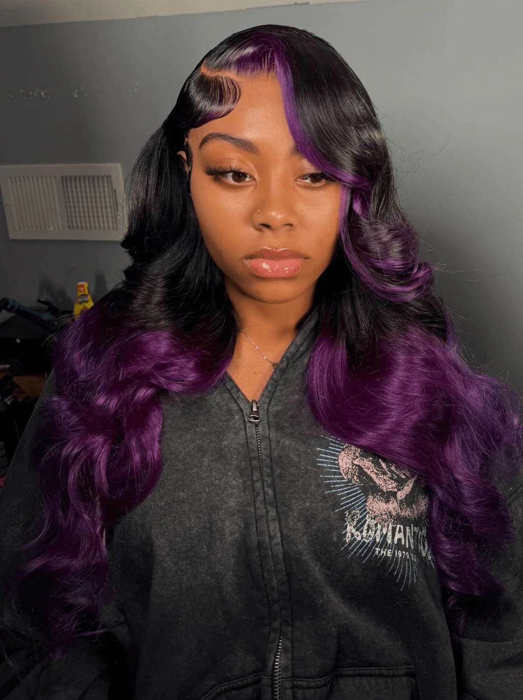 Dorsanee Ombre Black Purple Skunk Stripe 200 Density Lace Front Human Hair Wigs - Image 2
