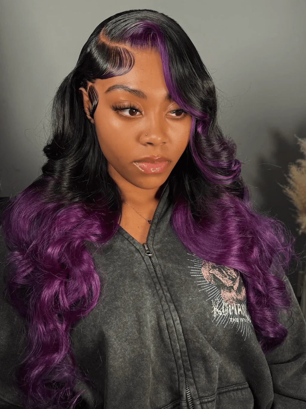 Dorsanee Ombre Black Purple Skunk Stripe 200 Density Lace Front Human Hair Wigs - Image 3