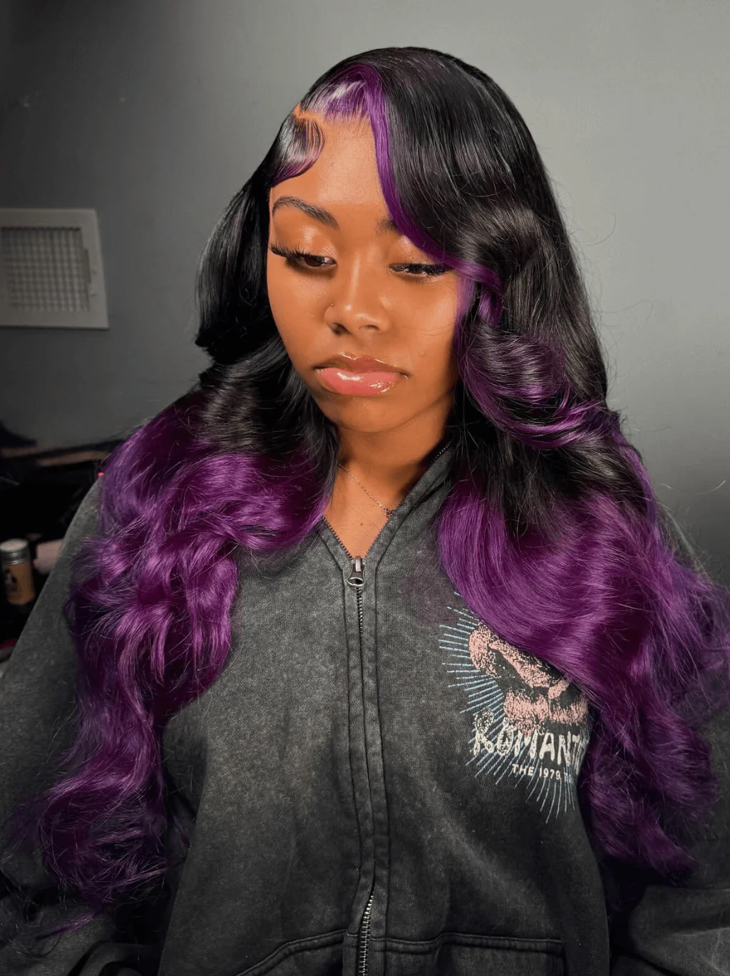 Dorsanee Ombre Black Purple Skunk Stripe 200 Density Lace Front Human Hair Wigs - Image 4