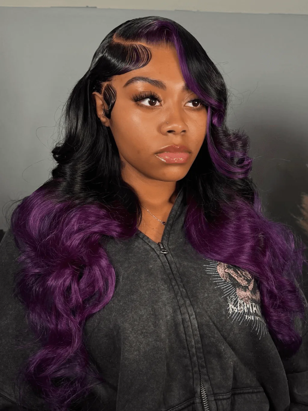 Dorsanee Ombre Black Purple Skunk Stripe 200 Density Lace Front Human Hair Wigs - Image 5