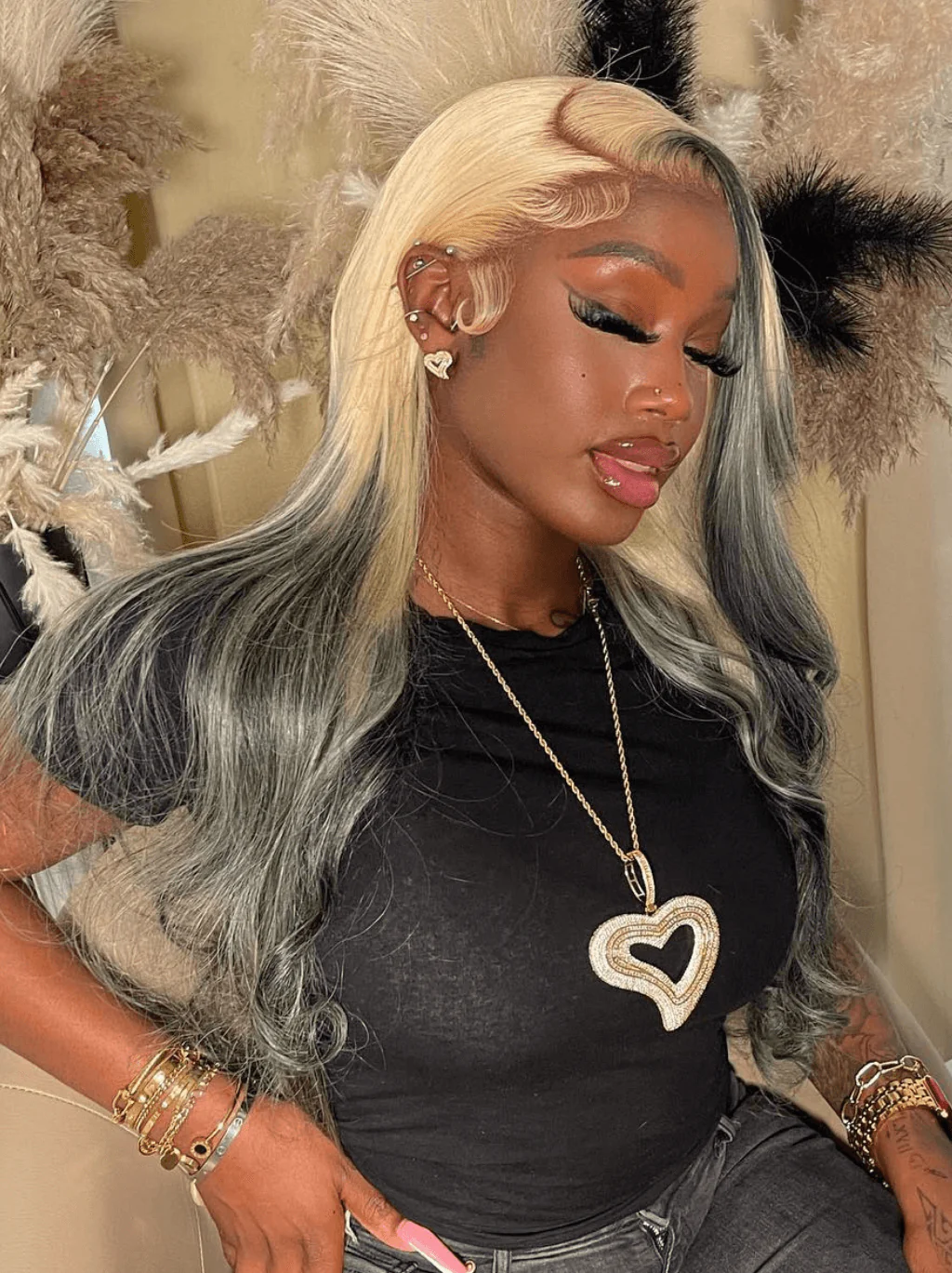 Dorsanee Ombre Blonde Ash Black Gray Skunk Stripe Highlight Lace Front Hair Wig - Image 2