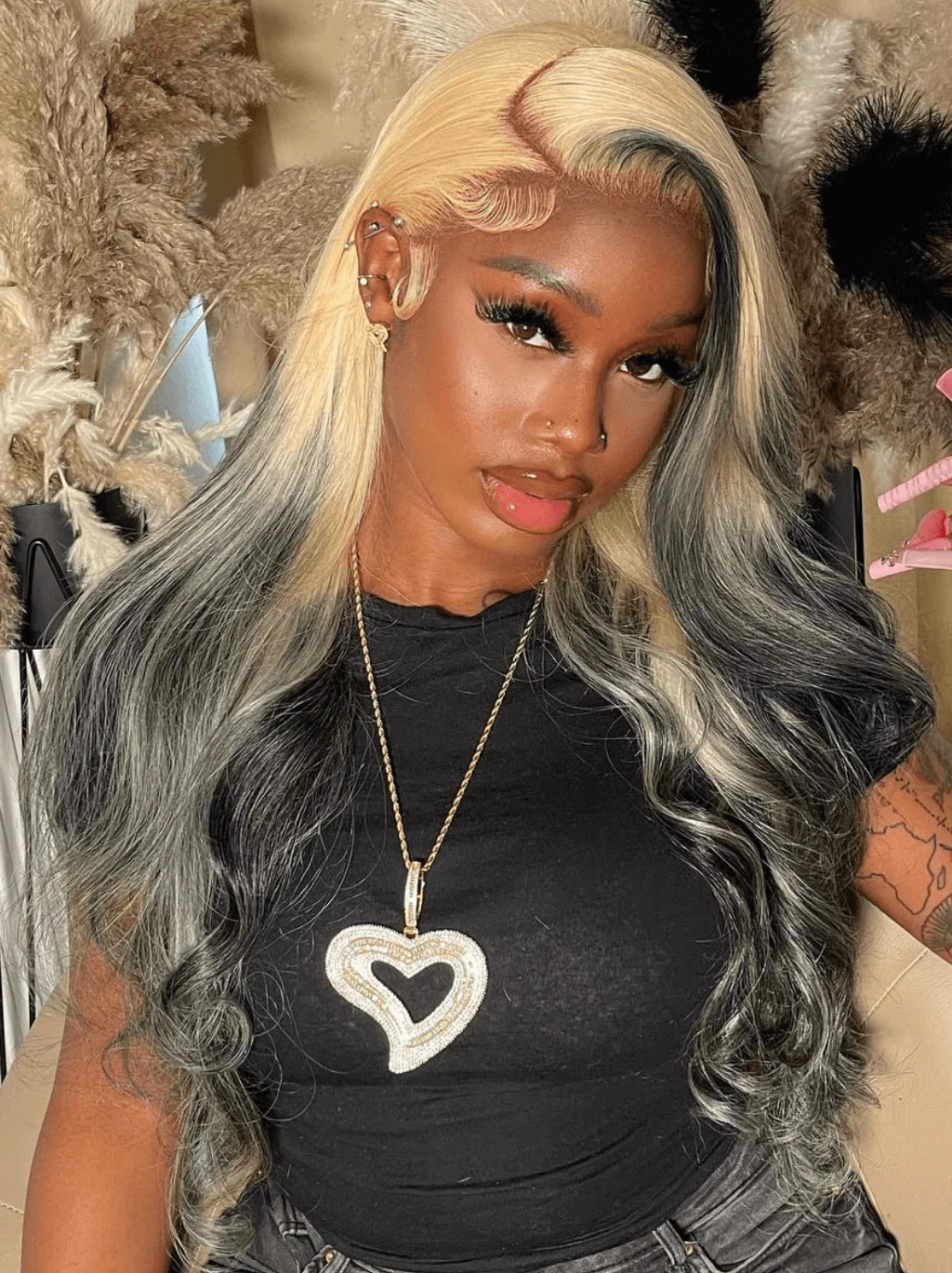 Dorsanee Ombre Blonde Ash Black Gray Skunk Stripe Highlight Lace Front Hair Wig - Image 5