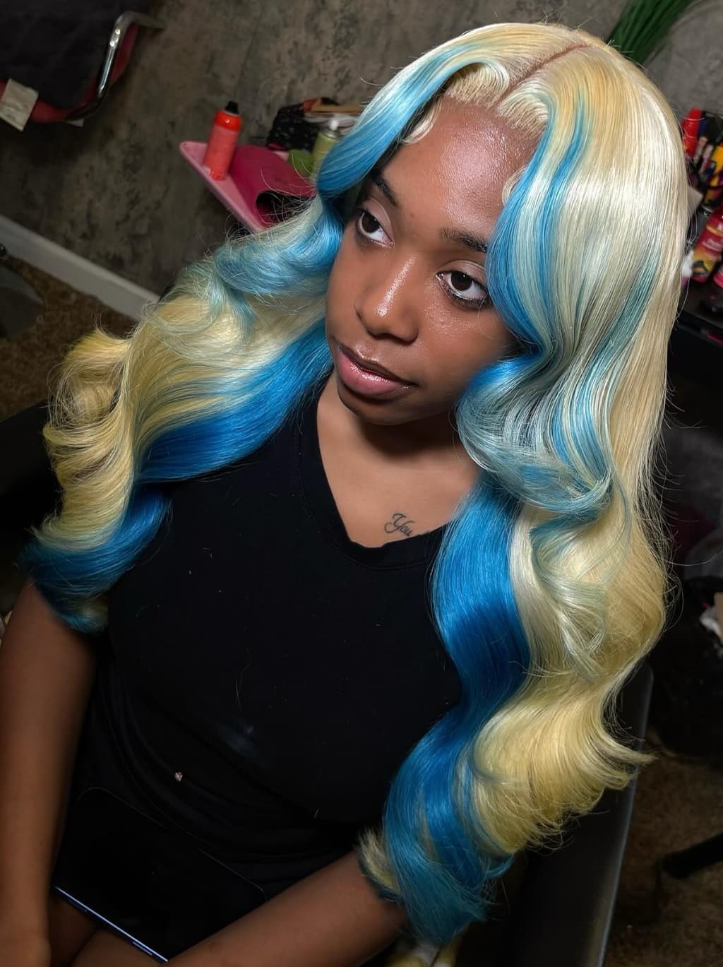 Dorsanee Ombre Blonde Blue Skunk Stripe 13x4 Lace Front Human Hair Wigs 200 Density - Image 3