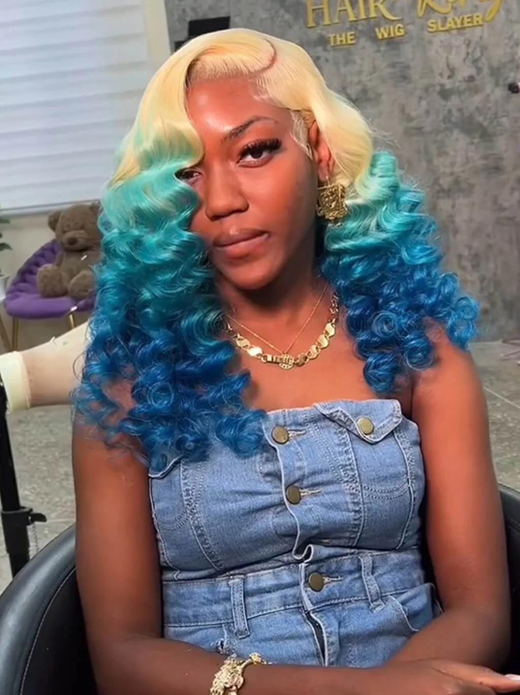 Dorsanee Ombre Blonde Blue Wand Curl Loose Body Wave Lace Front Human Hair Wigs - Image 2