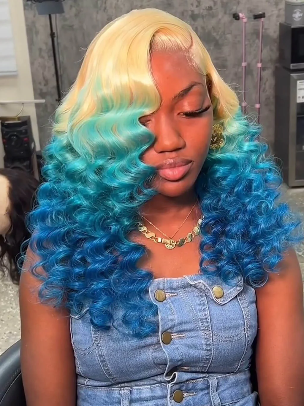 Dorsanee Ombre Blonde Blue Wand Curl Loose Body Wave Lace Front Human Hair Wigs - Image 3