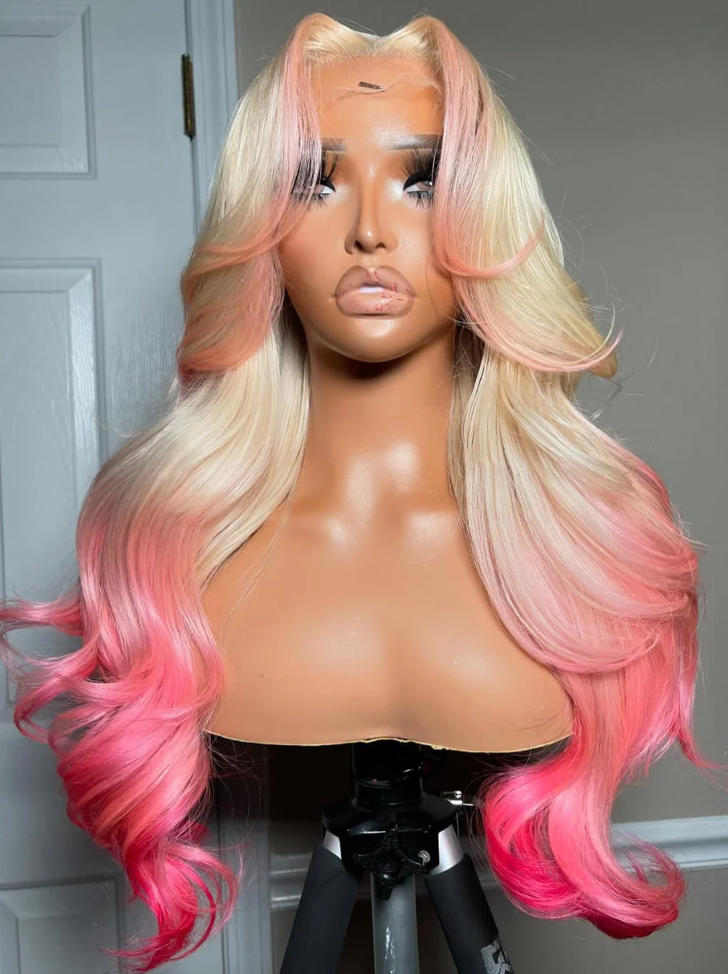 Dorsanee Ombre Blonde Pink Wig With Pink Skunk Stripe 13x4 Lace Front Human Hair Wigs - Image 2