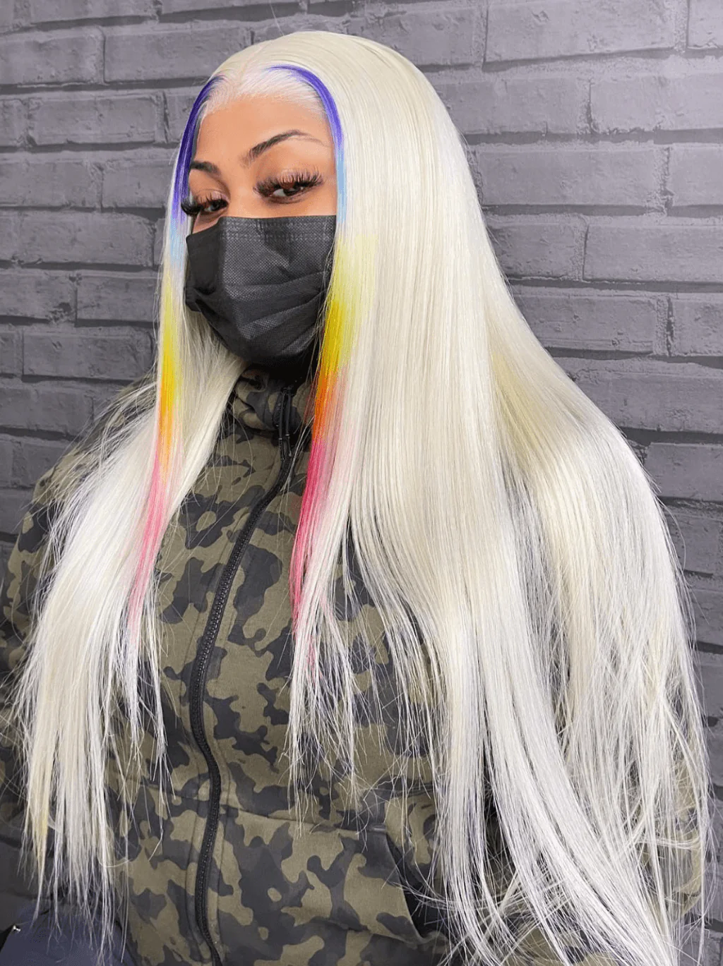 Dorsanee Ombre Blue Yellow Red Skunk Stripe 613 Blonde Straight Human Hair Wigs - Image 2