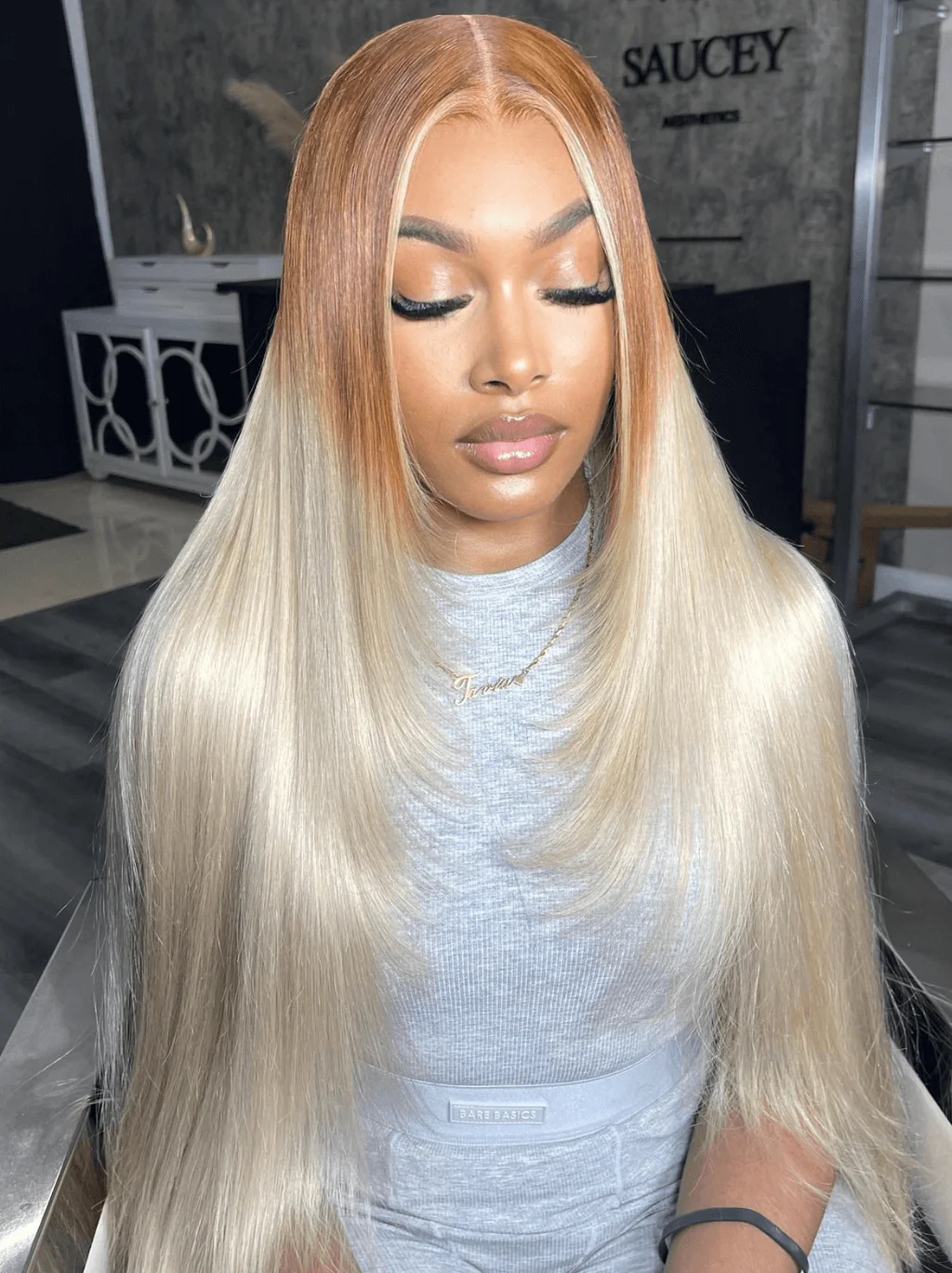 Dorsanee Ombre Brown Platinum Blonde Skunk Stripe Straight Body Wave Hair Wigs - Image 2