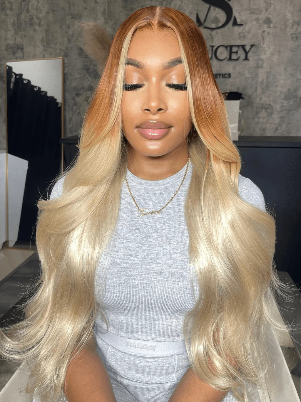Dorsanee Ombre Brown Platinum Blonde Skunk Stripe Straight Body Wave Hair Wigs - Image 3
